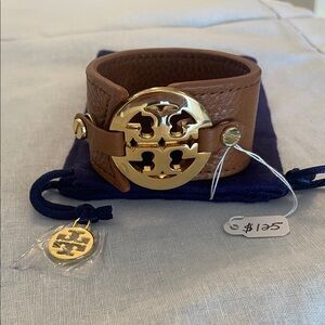 Tory Burch Tan Leather Cuff with Gold Emblem